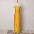 Mustard yellow blended cotton lawn fabric with sametone border chiffon burnout having stone work in fancy design-D15091