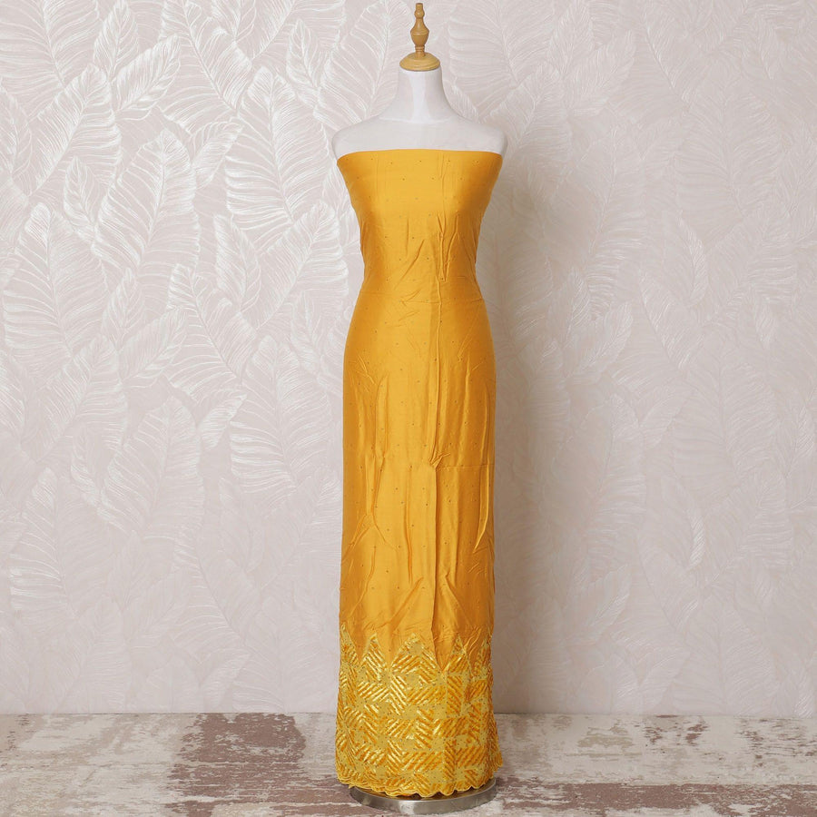 Mustard yellow blended cotton lawn fabric with sametone border chiffon burnout having stone work in fancy design-D15091