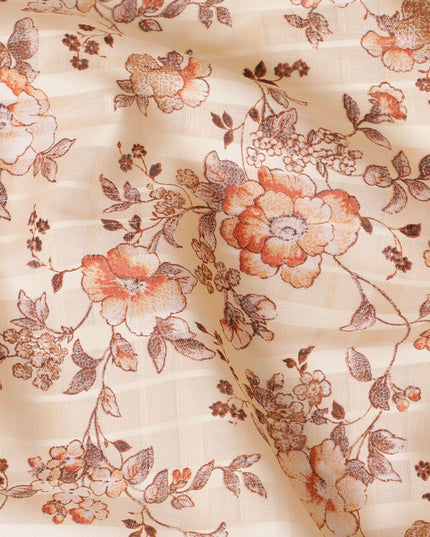 قماش ساتان قطني باللون البيج الفاتح مع طباعة باللونين البني والخوخي بتصميم الأزهار-D15286