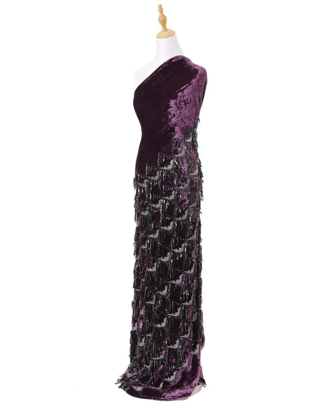 Plum purple silk blended velvet fabric with black embroidery having black and silver sequins in fancy design-D6090 Regal Fabrics