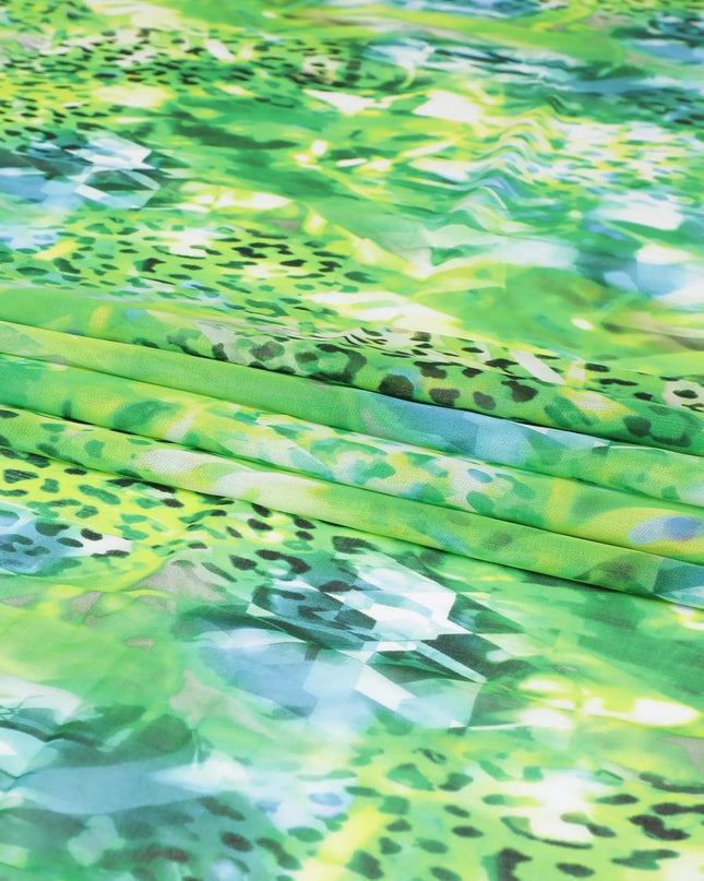 White Swiss 100% cotton voile fabric with baby blue, neon green, off white and bottle green print in floral design-D7200 Regal Fabrics