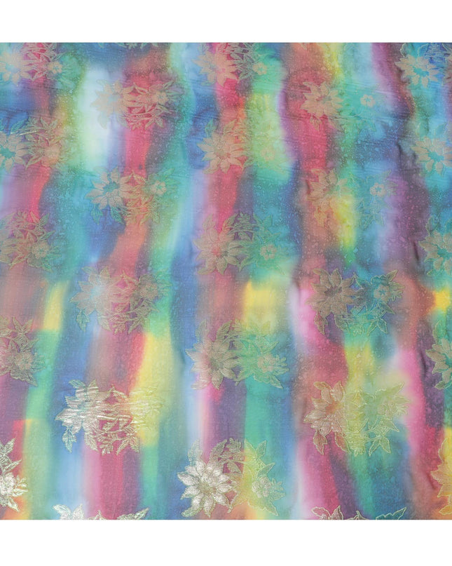 قماش شيفون حريري خالص مطبوع متعدد الألوان مع لوركس معدني ذهبي وفضي بتصميم زهور-D12421