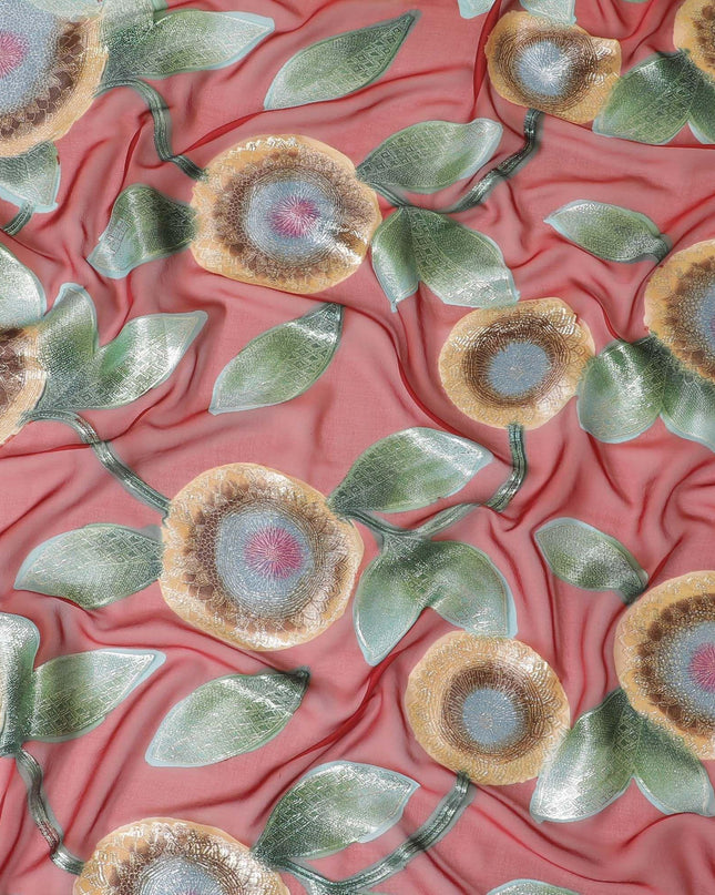 Barn red pure silk chiffon fabric with sage green, light gold and brown print having gold and silver metallic lurex in leaf design-D7475