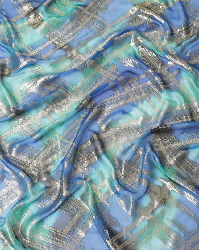 Blue Premium pure French (Fransawi) silk chiffon fabric with gold metallic lurex in abstract design-D14010