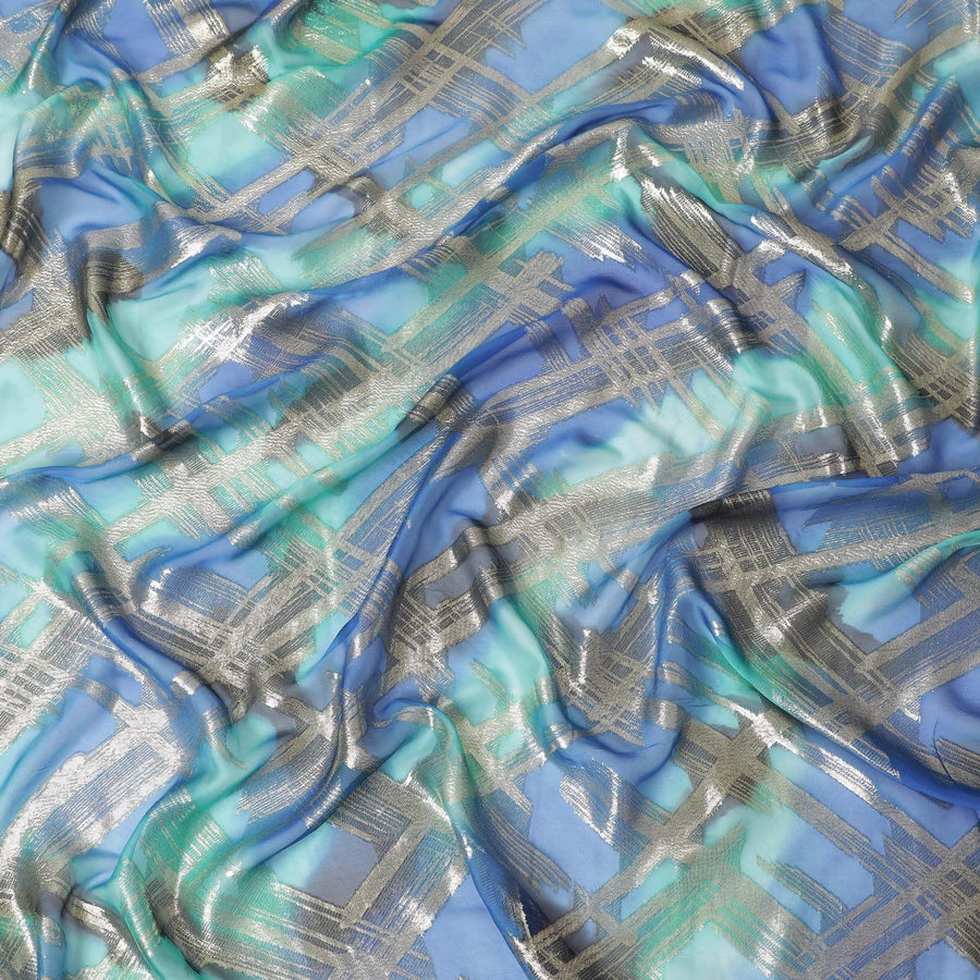 Blue Premium pure French (Fransawi) silk chiffon fabric with gold metallic lurex in abstract design-D14010