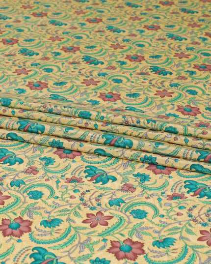 Mellow yellow pure silk crepe fabric with multicolor print in floral design-D8115 Regal Fabrics