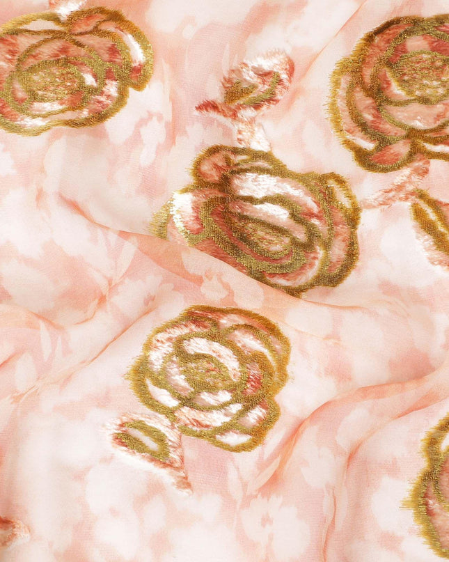قماش شيفون حريري متعدد الألوان مطبوع رقميًا (مكمل) مع طبقة لوريكس معدنية ومخمل بتصميم زهور لديراك - D9905