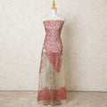 Gold nylon tulle fabric with same tone, scarlet red embroidery having stone work in fancy design-D12222