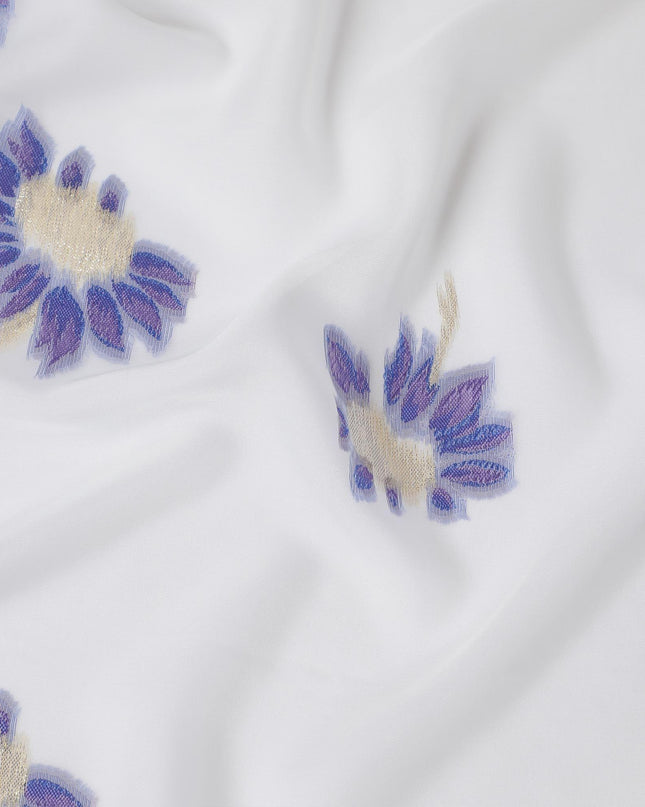 قماش شيفون من الحرير الخالص باللون الأبيض الفاتح مع الفيسكوز الأزرق والوركس المعدني الذهبي بتصميم الأزهار-D13263