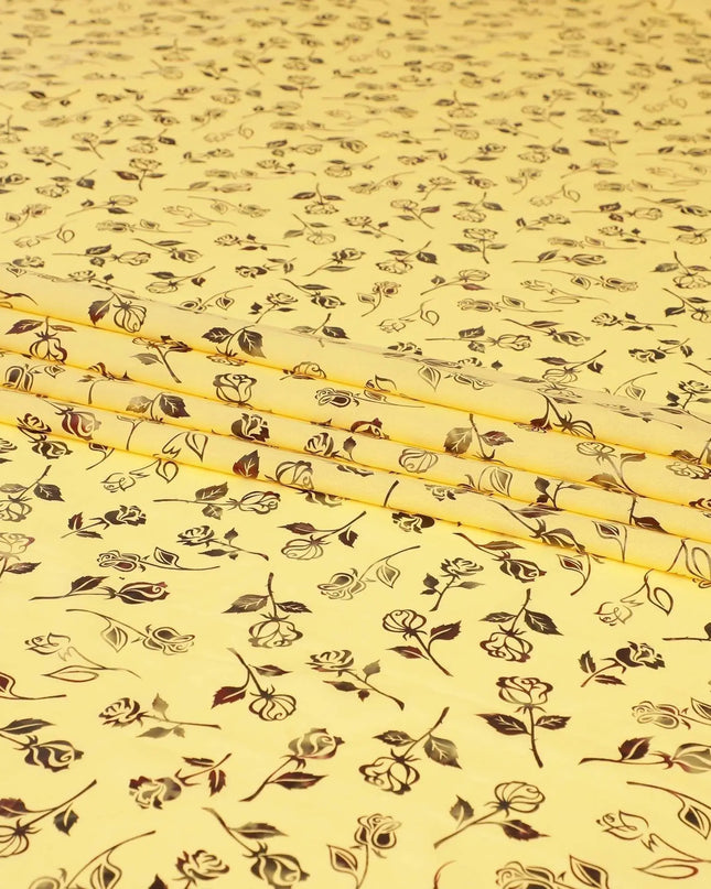 Sun flower yellow cotton voile fabric with black and olive green metallic foil print in floral design-D6746 Regal Fabrics