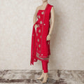 Ruby pink silk kameez with gold gota work embroidery and stone work in floral design. Ruby pink plain salwar having same tone chiffon dupatta with gold embroidery and stone work-D12688 Regal Fabrics