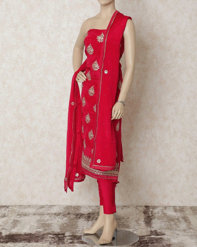 Ruby pink silk kameez with gold gota work embroidery and stone work in floral design. Ruby pink plain salwar having same tone chiffon dupatta with gold embroidery and stone work-D12688 Regal Fabrics