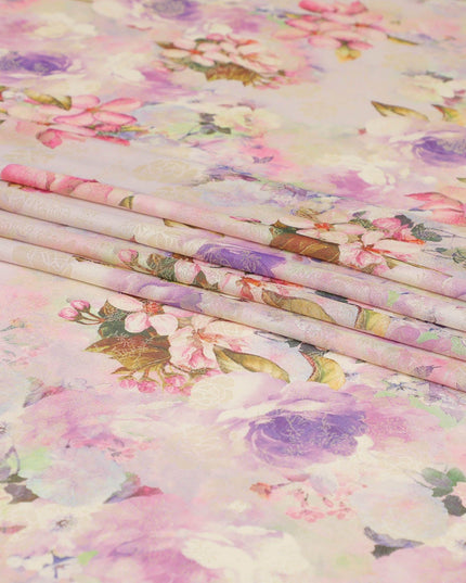 قماش شيفون حريري باللون البيج مع طباعة متعددة الألوان بتصميم زهور مع لمسة نهائية من الأورجانزا -D6634