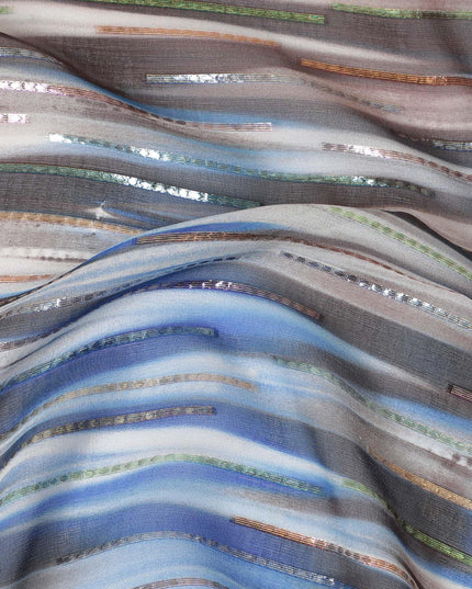 Grey premium pure silk chiffon fabric with blue print having gold and silver metallic lurex in stripe design-D13978
