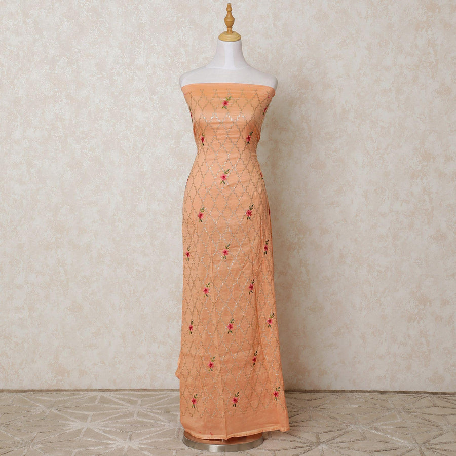 Salmon peach blended cotton lawn fabric with brick red and gold sequin embroidery in fancy design-D12105