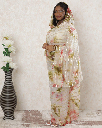 Multicolor Premium synthetic chiffon thobe with gold metallic foil print in stripe design-D14388 Regal Fabrics