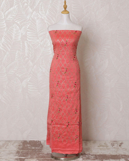 قماش قطني مخلوط بالخوخ الملكي مع تطريز ذهبي وأخضر زيتوني وخوخ بتصميم زهور-D15086