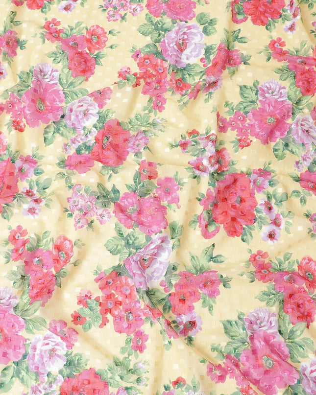 Blonde yellow Swiss cotton voile fabric with olive green, hot pink and ruby red floral print having clip cord design-D6777