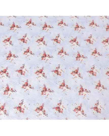 Blizzard blue cotton voile fabric with same tone embroidery having bieg, maroon and brown print in floral design-D6803