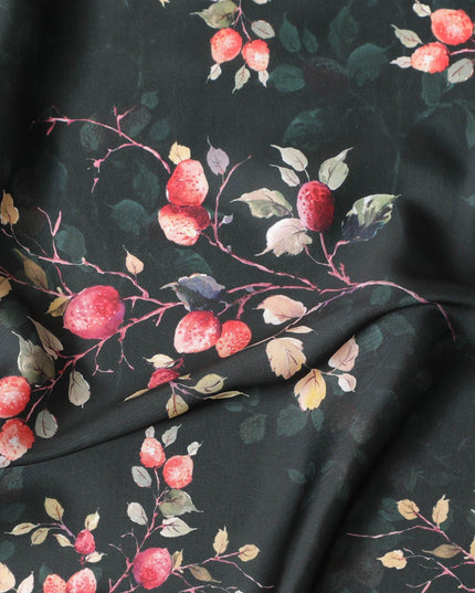 Black synthetic satin fabric with multicolor print in floral design-D10269