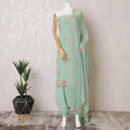 Mint green silk crepe kameez with gold embroidery, sequins and bead work in floral design. Mint green plain salwar with same tone flat chiffon dupatta having gold embroidery and mirror work-D15528
