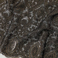 Black nylon tulle fabric with same tone, gold embroidery in fancy design-D6042