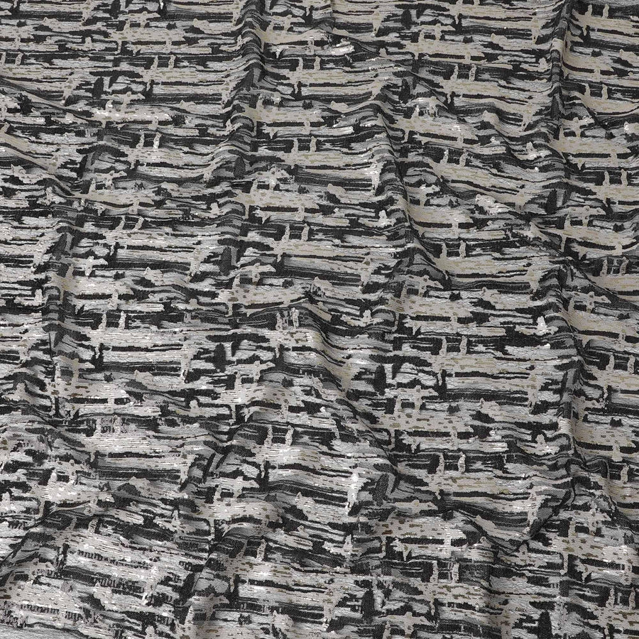 قماش تول نايلون فضي معدني مع ترتر باللون الأبيض والأسود والذهبي بتصميم تجريدي