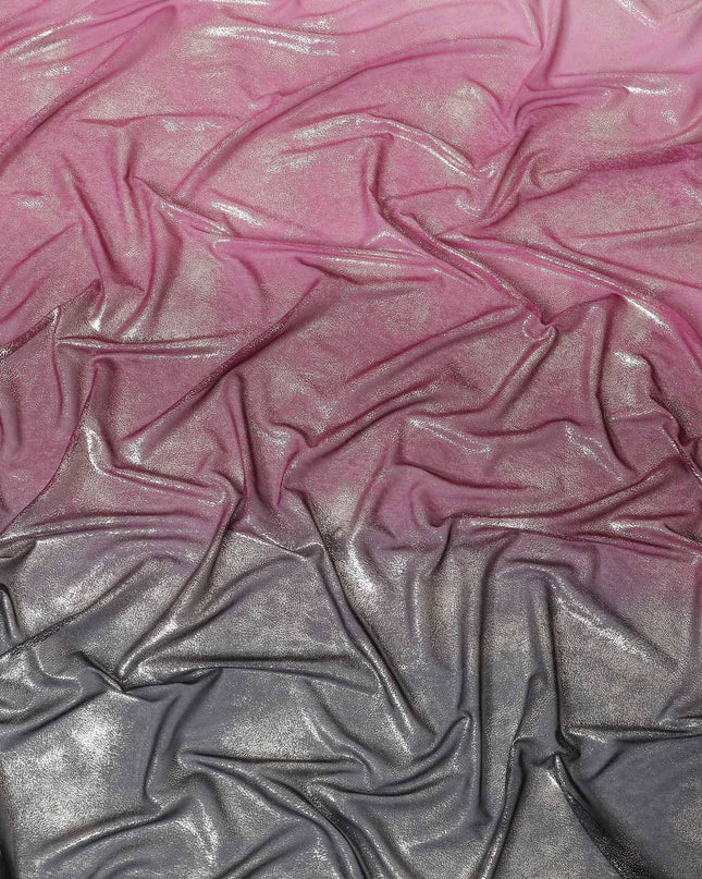 Baby pink to black synthetic chiffon fabric having gold metallic foil in ombre design-D10658