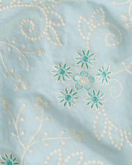 Baby blue premium pure cotton voile fabric with beige and turquoise fabric embroidery in floral design-D13599