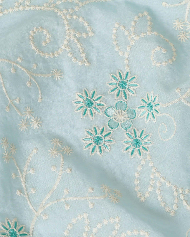 Baby blue premium pure cotton voile fabric with beige and turquoise fabric embroidery in floral design-D13599