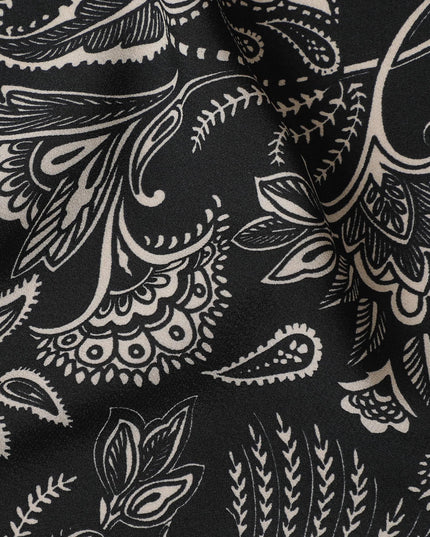 Black viscose crepe printed fabric with white prints in floral design-D11170