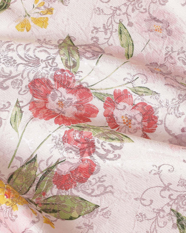 Light pink premium pure silk satin fabric with multicolor print having rose pink film metallic in floral design-D9420