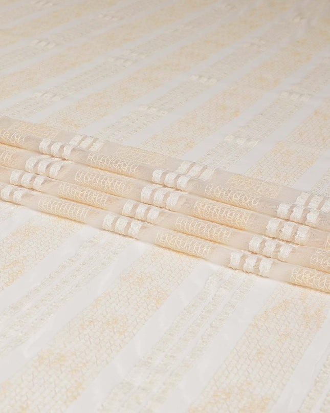 Light gold nylon tulle fabric with same tone embroidery and sequins in stripe design-D6667