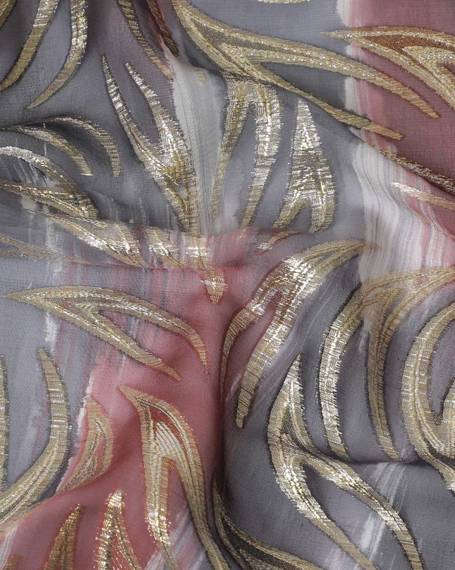 قماش شيفون من الحرير الخالص متعدد الألوان مع لوريكس معدني ذهبي بتصميم تجريدي-D14075