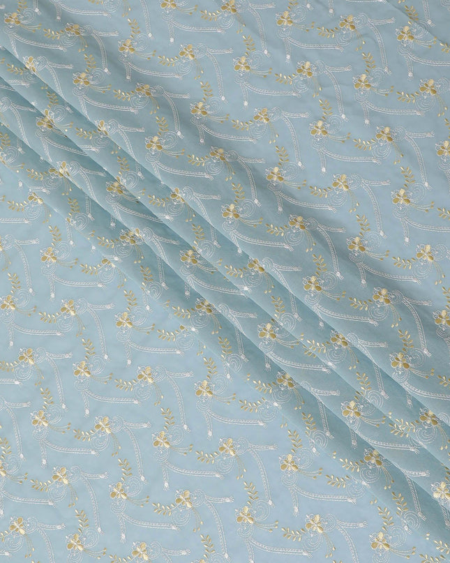 قماش الفوال القطني السويسري الفاخر 100% (الثوب السوداني) باللون الأزرق الفاتح مع تطريز ذهبي وفضي بتصميم زهور-D13520