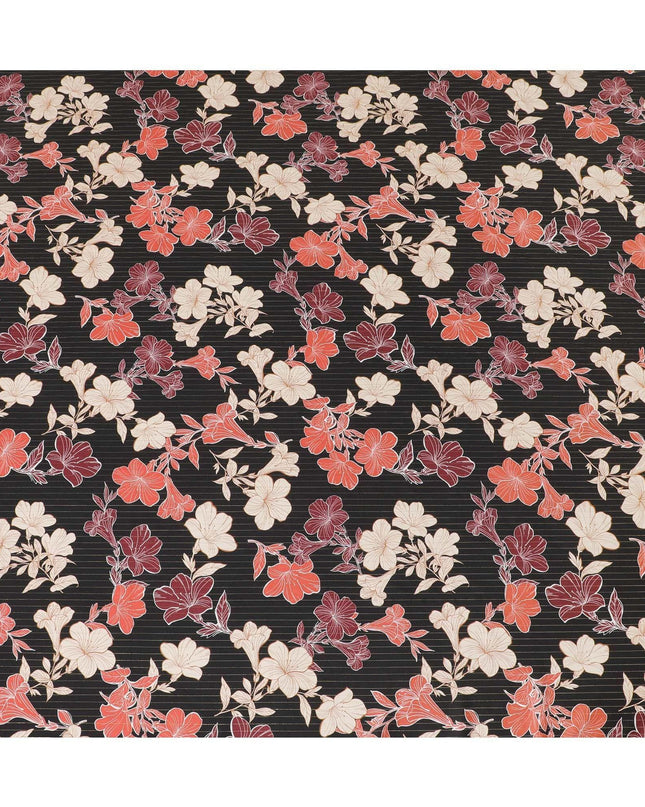 Black viscose crepe printed fabric with multi colour prints and metallic lurex in floral design-D11162