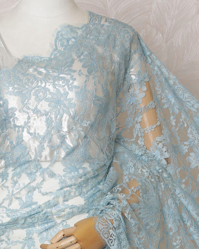 Baby blue, blonde yellow Premium pure French two tone chantilly lace saree in floral design-D14565