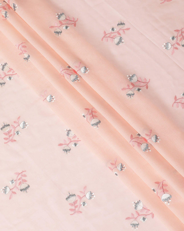 قماش فوال قطني من سمك السلمون والخوخ مع تطريز باللون الوردي والرمادي والبيج بتصميم الأزهار-D12381