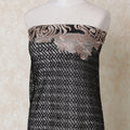 Black nylon tulle fabric with gold, light peach embroidery having stone work in abstract design-D14101