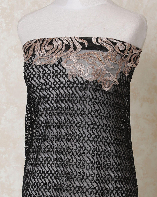 Black nylon tulle fabric with gold, light peach embroidery having stone work in abstract design-D14101