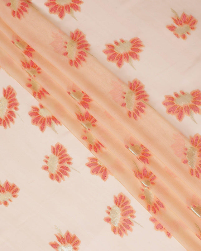 Light peach Premium pure silk chiffon fabric with peach viscose having gold metallic lurex in floral design-D14233