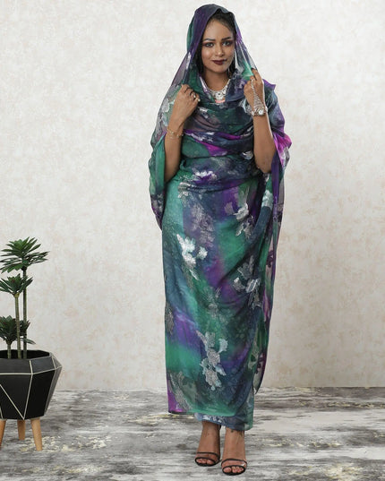 Multicolor Premium pure silk chiffon hand printed thobe with silver metallic lurex in floral design-D9493 Regal Fabrics