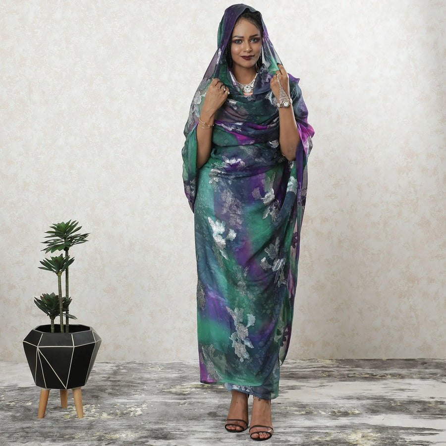 Multicolor Premium pure silk chiffon hand printed thobe with silver metallic lurex in floral design-D9493 Regal Fabrics