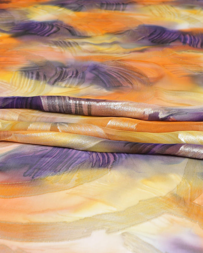 قماش شيفون من الحرير الخالص متعدد الألوان مع لوريكس معدني ذهبي بتصميم تجريدي-D9696