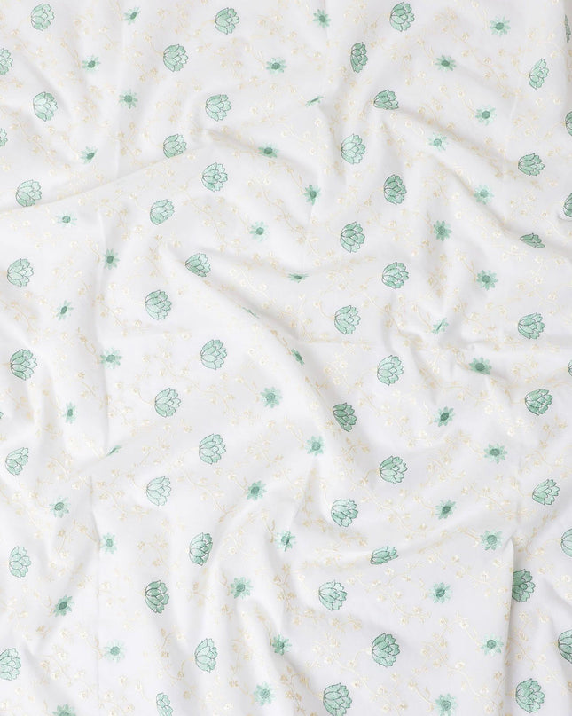 Off white cotton voile fabric with beige and sage green embroidery in floral design-D11938