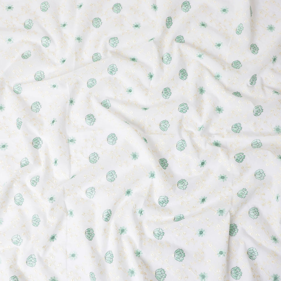 Off white cotton voile fabric with beige and sage green embroidery in floral design-D11938