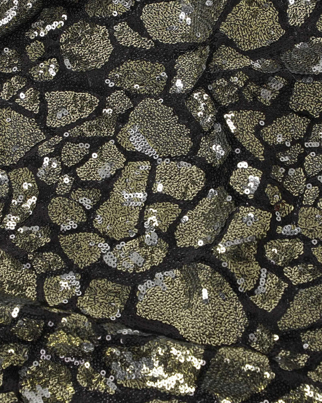 Black nylon tulle fabric with black, gold and silver sequins in abstract design