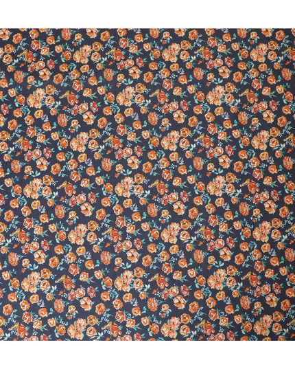 Navy blue Premium Spanish 100% cotton lawn fabric with sea green, peach and white print in floral design-D9238