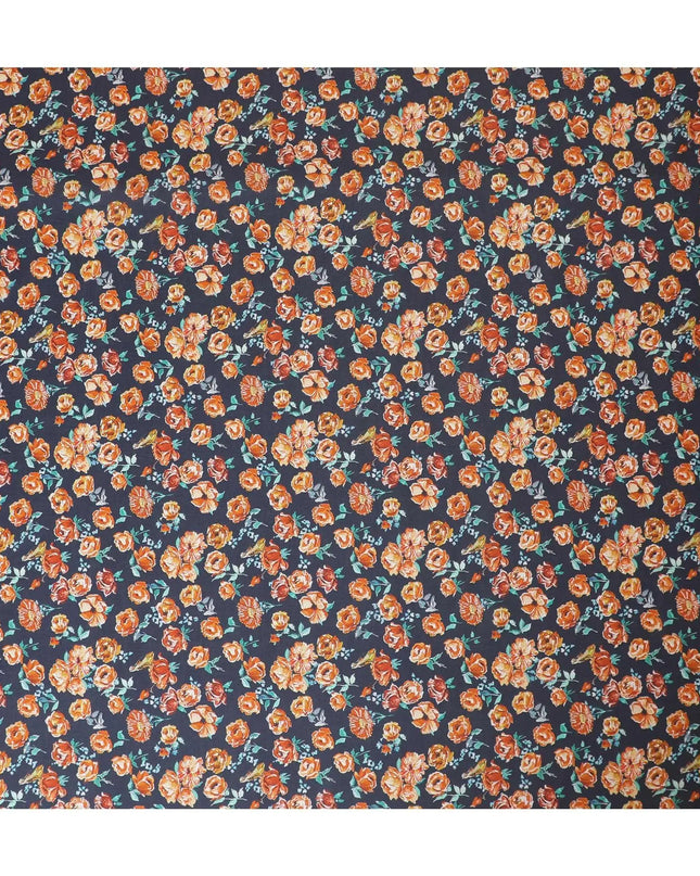 Navy blue Premium Spanish 100% cotton lawn fabric with sea green, peach and white print in floral design-D9238 Regal Fabrics