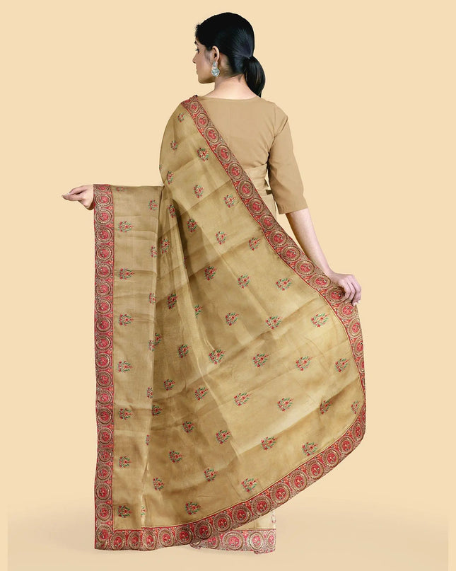 Dandelion gold synthetic tusser silk saree with embroidery in floral design. Blouse piece in same colour-D12743 Regal Fabrics